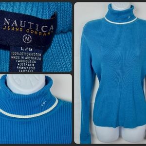 Nautica Blue Ribbed Turtleneck Sweater Retro Lg